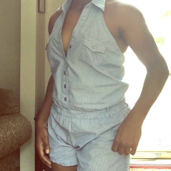 sleeveless striped v-neck button-up romper shorts - Picture 1 of 7